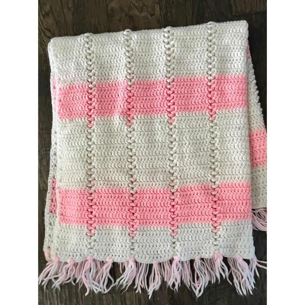 Vintage Soft White Pink Crocheted Girl Baby Blanket Crib Handmade 42" X 37"